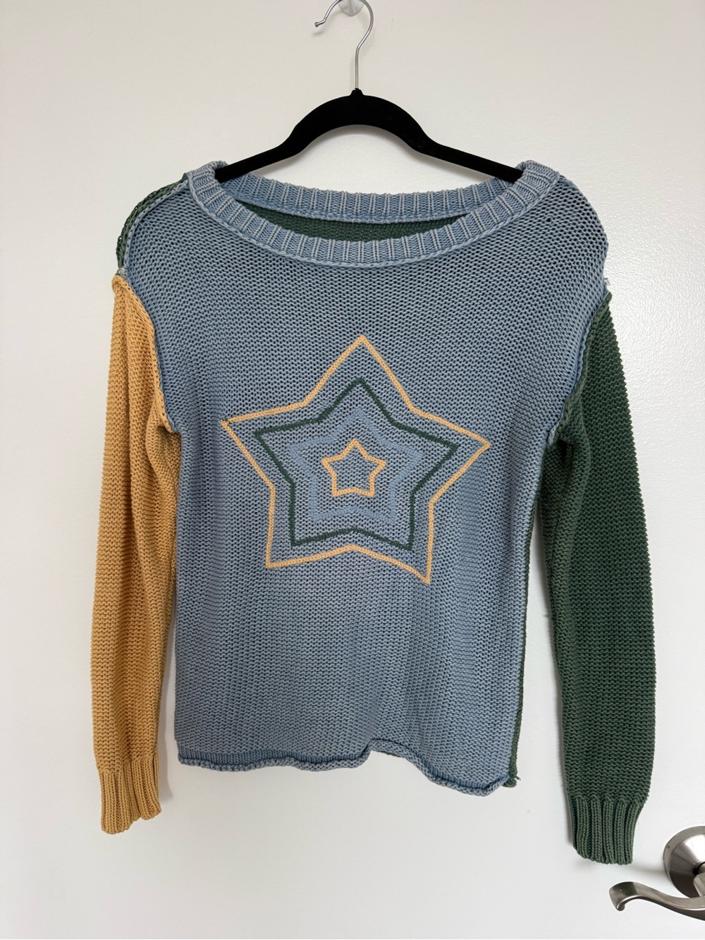 Colorblock Star Knit Sweater - Blue, Mustard & Green